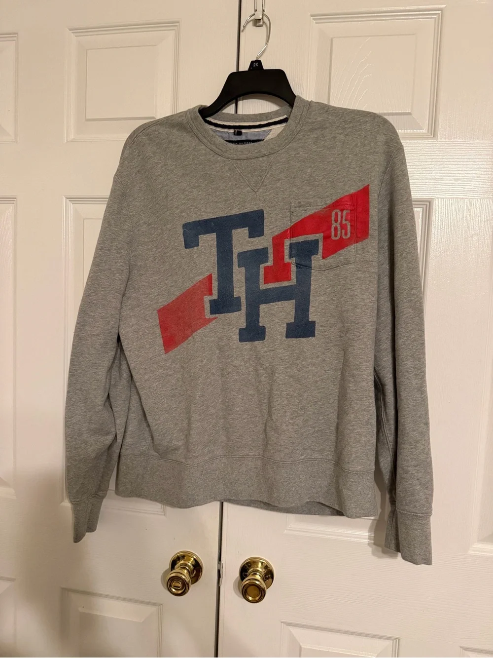 Tommy Hilfiger Grey Crewneck with Navy TH Logo and Red Accent